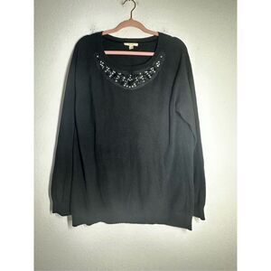 Esprit  Black Knit Wool Blend Crewneck Sweater Rhinestone Trim Size XL*See Notes